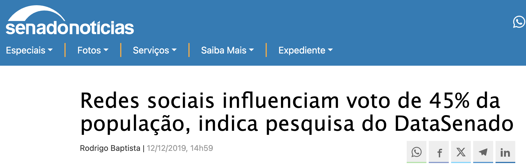 Manchete do Senado Notícias: Redes sociais influenciam voto de 45% da população, indica pesquisa do DataSenado